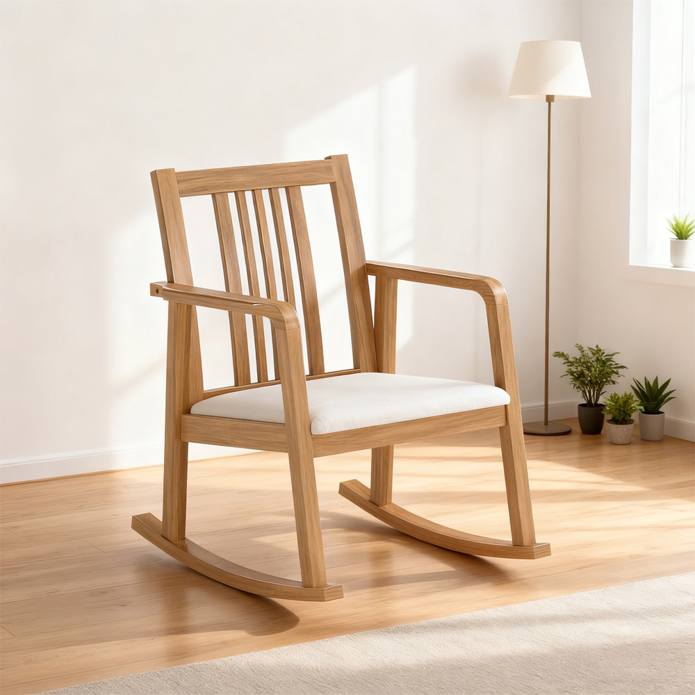 Rocking Chair With Slatted Back And Curved Armrests In Linen_voghion.com